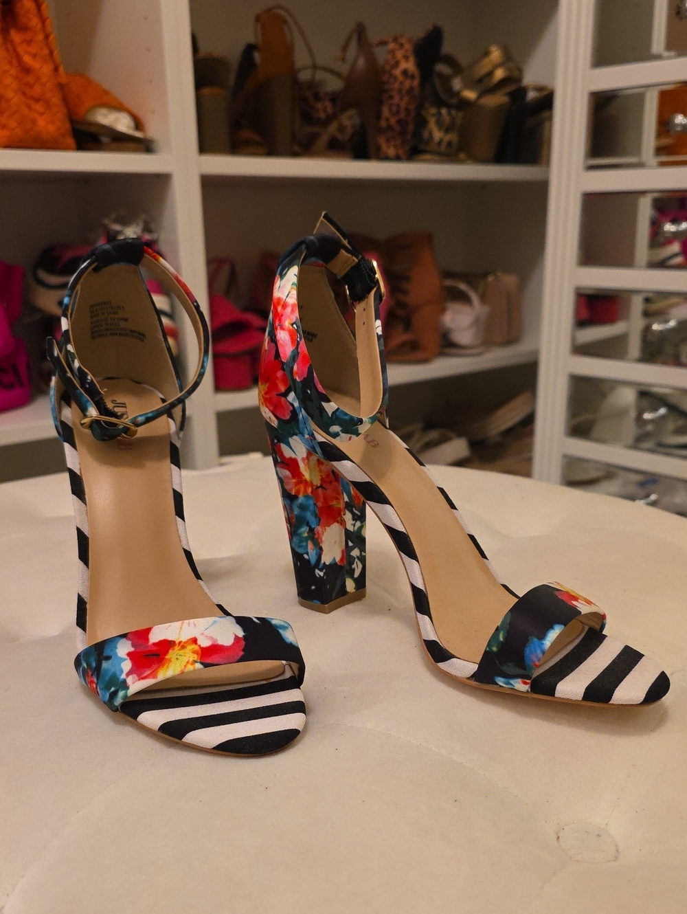 JustFab Black/Multicolor Floral & Stripe Ankle-Strap Block Heels
